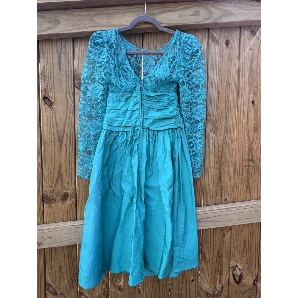 1980s Women's Lace-Top Teal Prom Dress with Long Sleeves - Picture 2 of 5